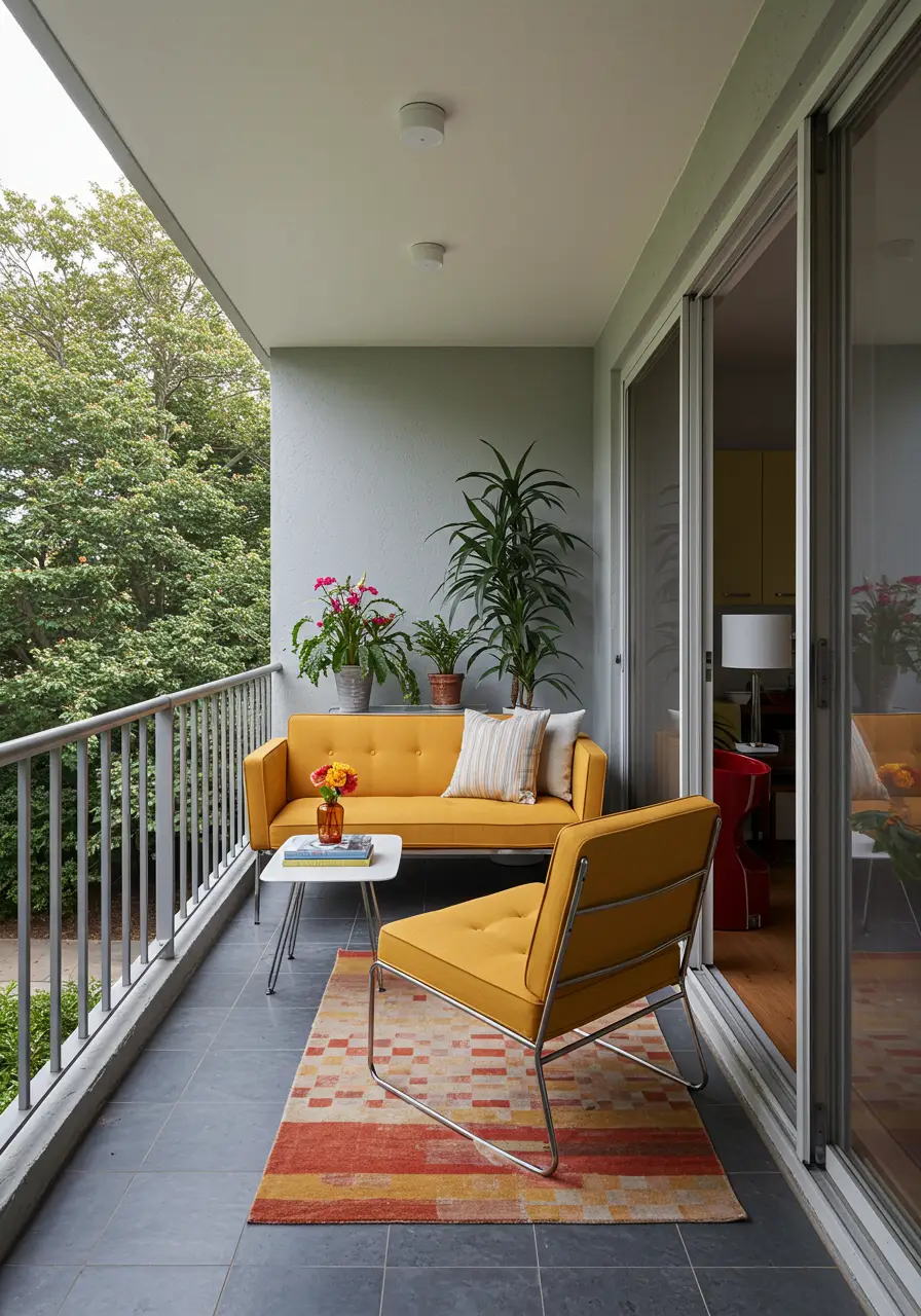 Celebrating the iconic design era of the 1950s-60s, this concept brings atomic age aesthetics outdoors with bold geometric patterns, vibrant colors, and classic furniture silhouettes.
