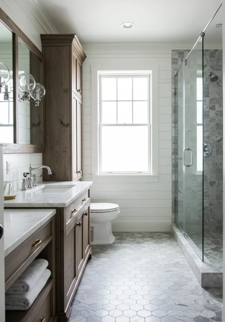 Blending rustic farmhouse charm with modern sophistication, this concept creates a welcoming space that feels both timeless and current. Perfect for homeowners who appreciate classic American style but want contemporary convenience and cleanliness.