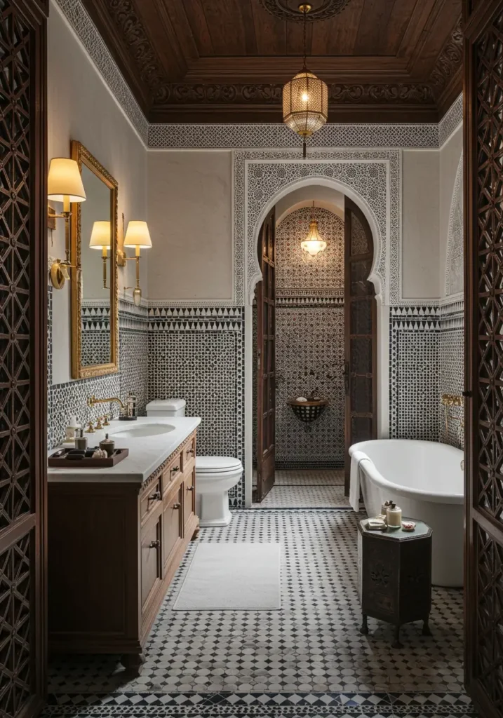 Drawing inspiration from traditional Moroccan riads, this design creates an exotic retreat with intricate patterns and rich textures. Ideal for well-traveled homeowners who want to bring global sophistication and cultural richness into their daily bathing ritual.