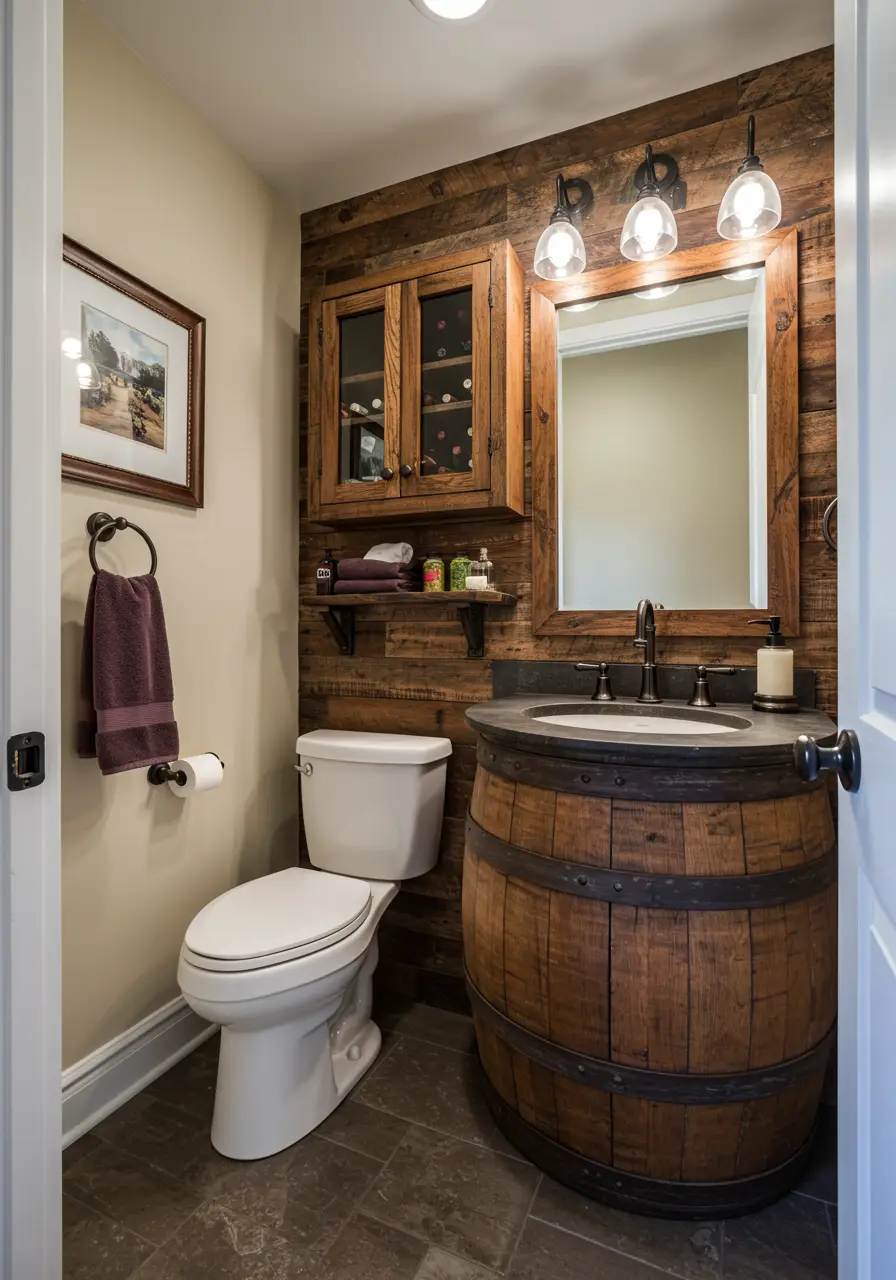 Celebrating the second life of wine barrels, this design incorporates curved barrel staves and wine-making materials to create a warm, convivial atmosphere reminiscent of vineyard hospitality.