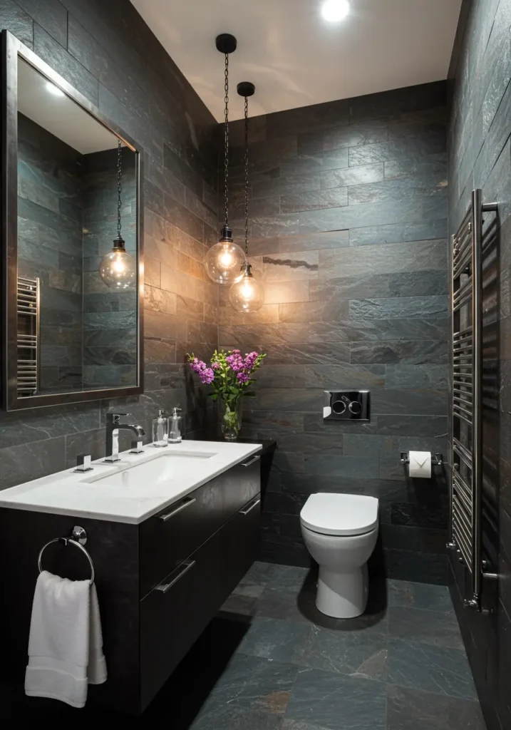 Inspired by dramatic storm clouds and modern sculpture, this design uses varying shades of gray slate paired with pewter metallics to create a sophisticated, weather-inspired sanctuary that feels both powerful and serene.