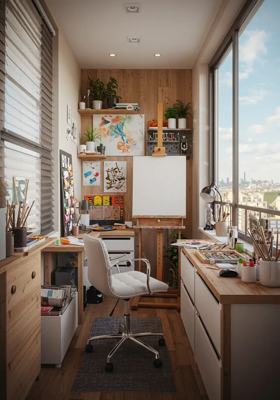 This concept transforms a small balcony into an inspiring outdoor art studio, combining practical workspace needs with creative storage solutions and natural lighting optimization.