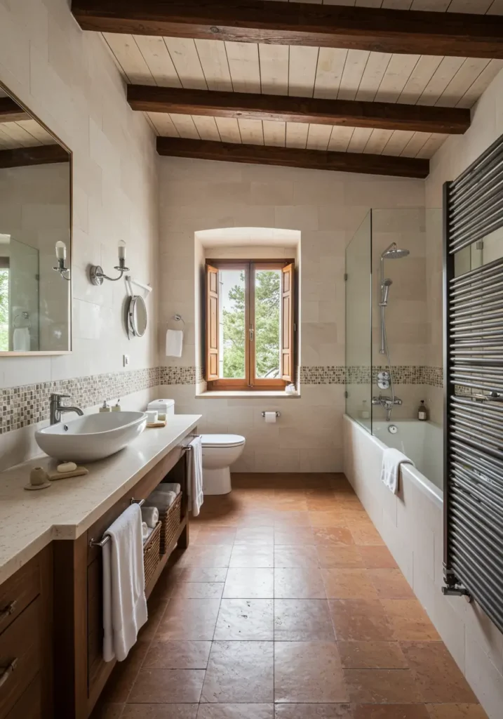 Evoking the warmth of Italian countryside villas, this design uses natural stone textures and warm earth tones to create an old-world charm.