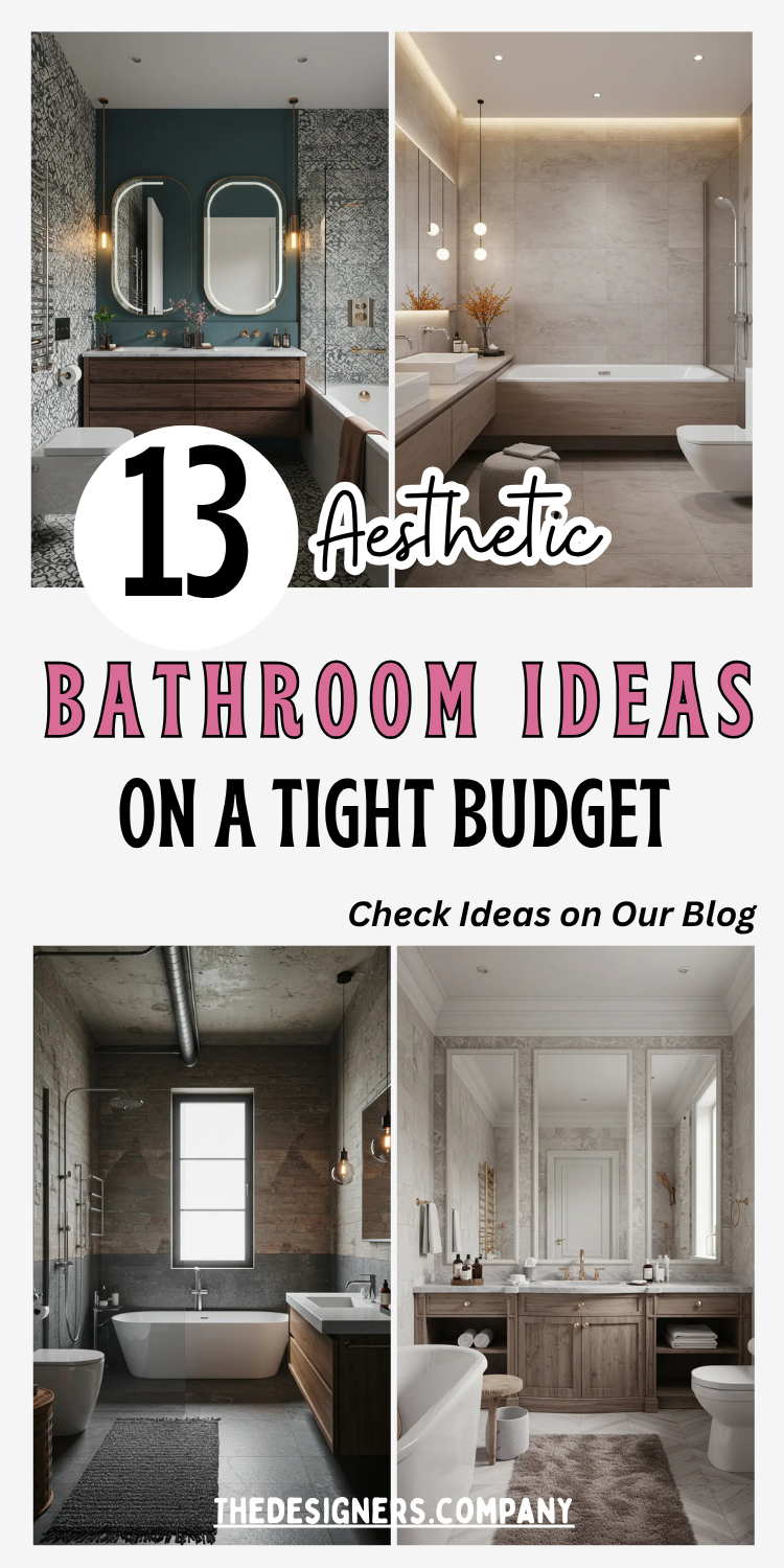 Image showcases four aesthetic bathroom designs with the title "13 Aesthetic Bathroom Ideas on a Tight Budget" in bold black and pink fonts. Top bathrooms include a dark boho vanity with gold accents and a modern beige spa-style layout. Bottom features an industrial loft-style bathroom with exposed pipes and a rustic vintage-inspired design with large mirrors and marble walls. Theme highlights stylish, affordable bathroom decor and layout solutions.