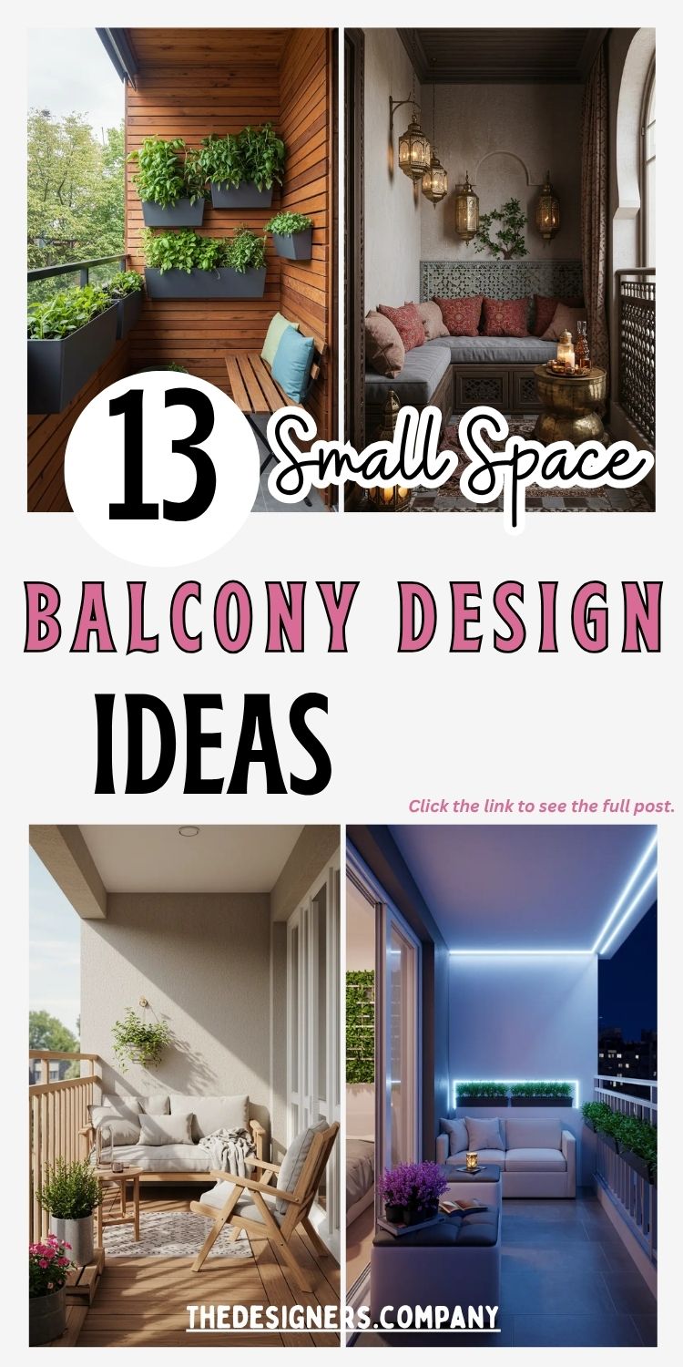 showcasing "13 Small Space Balcony Design Ideas" with four distinct balcony styles. Top left features wooden slat wall with vertical garden planters and blue cushioned seating. Top right shows Moroccan-inspired nook with ornate lanterns, patterned tiles, and cozy seating area. Bottom left displays Scandinavian minimalist design with neutral tones, wooden furniture, and clean lines. Bottom right presents modern balcony with LED lighting, contemporary seating, and sleek design elements.RetryClaude can make mistakes. Please double-check responses.