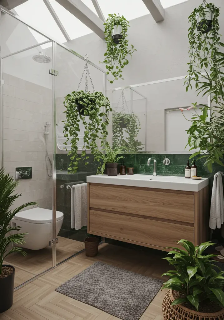 Transforming a small bathroom into a lush urban oasis, this design maximizes plant life and natural elements to create a greenhouse-like sanctuary.