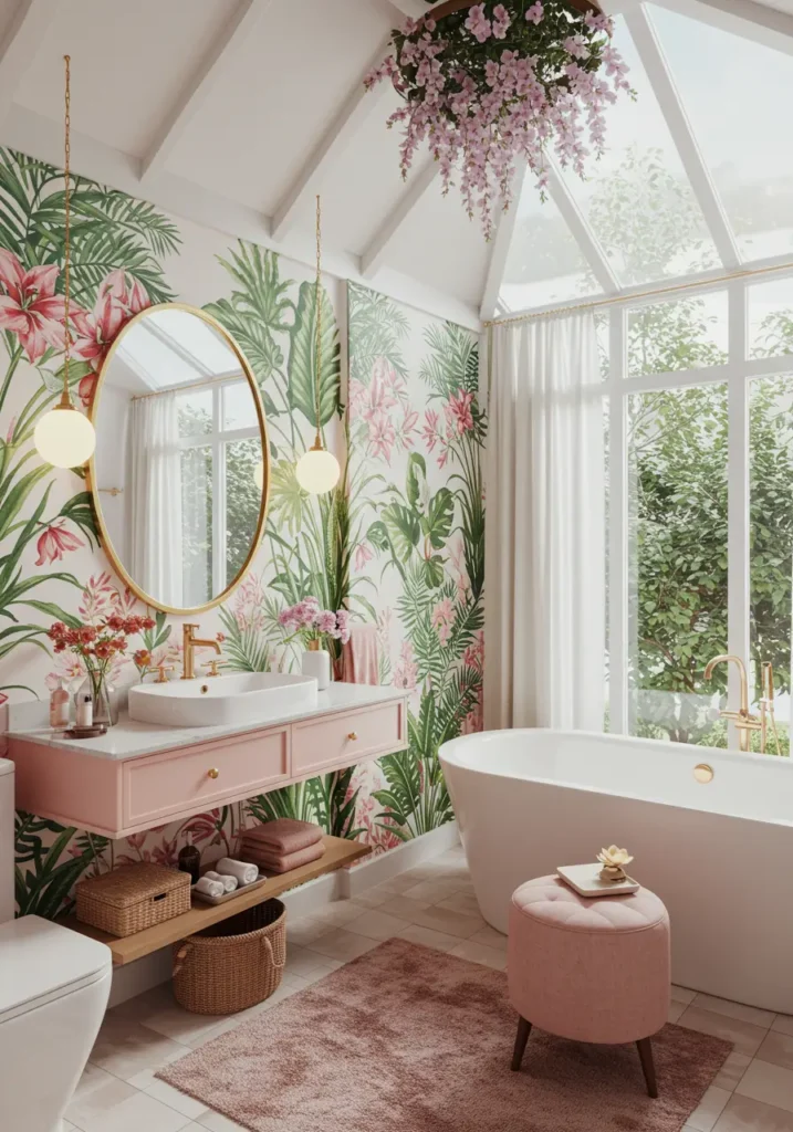 This design transforms the bathroom into an indoor greenhouse paradise, combining feminine aesthetics with botanical elements to create a nurturing environment that celebrates the beauty of nature and promotes well-being.