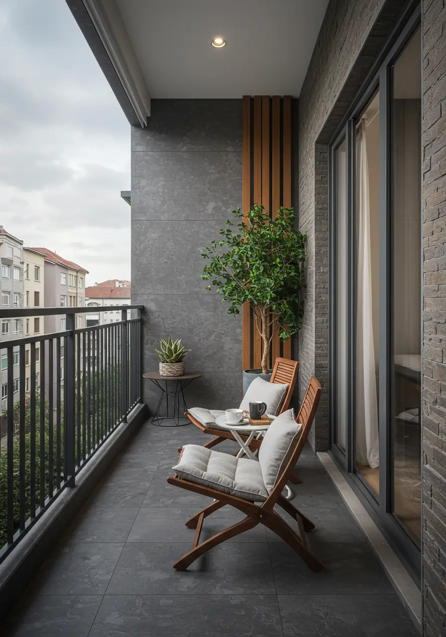 Inspired by luxury hotel terraces and high-end residential design, this balcony showcases premium materials and sophisticated styling.
