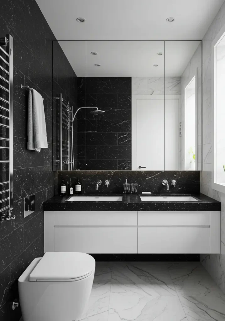 Embracing the power of black and white, this design creates dramatic sophistication through contrast, texture, and carefully curated elements within minimal square footage.