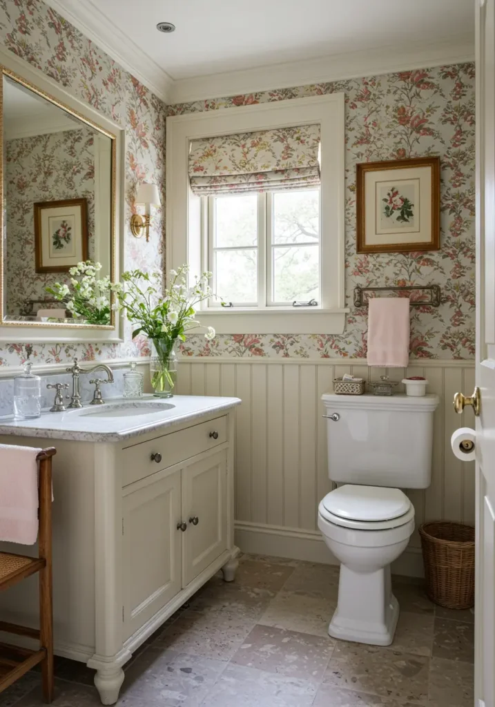 This charming design brings the romance of an English countryside cottage indoors, featuring soft florals, vintage elements, and cozy details that create a welcoming, nostalgic atmosphere.