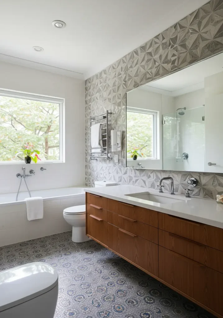 Celebrating the optimism and design innovation of the 1950s-60s, this bathroom combines clean lines with playful atomic-age patterns. Perfect for homeowners who appreciate vintage design but want modern functionality and luxury finishes.