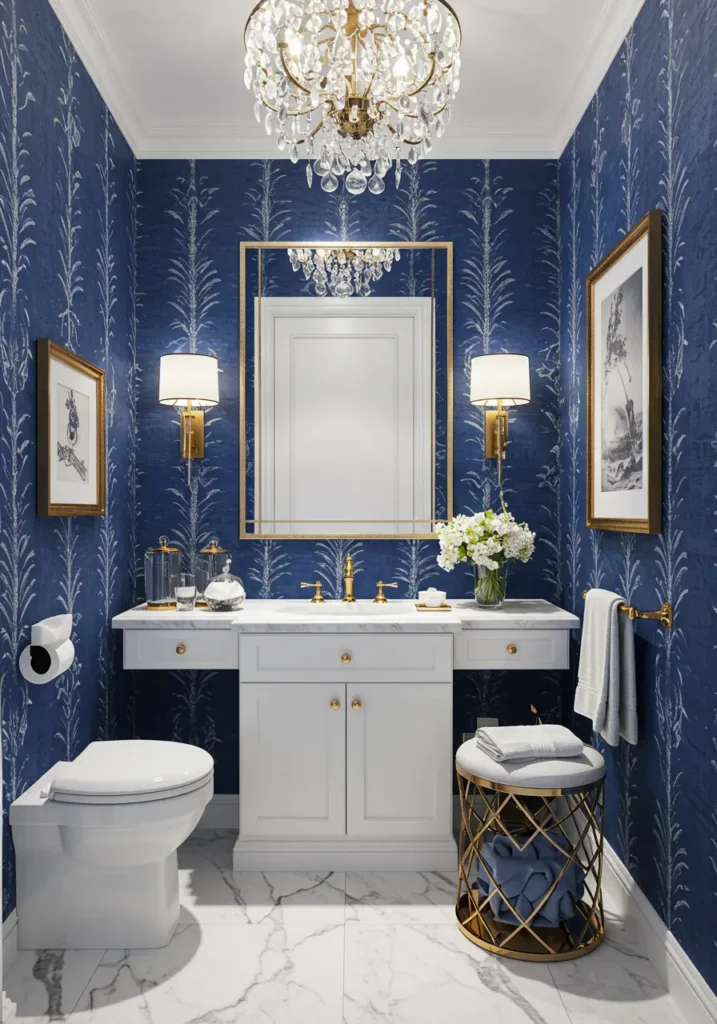 Drawing inspiration from precious sapphire gemstones and the cool elegance of white gold jewelry, this design creates a jewel-box atmosphere that feels both precious and sophisticated, perfect for creating an unforgettable impression.