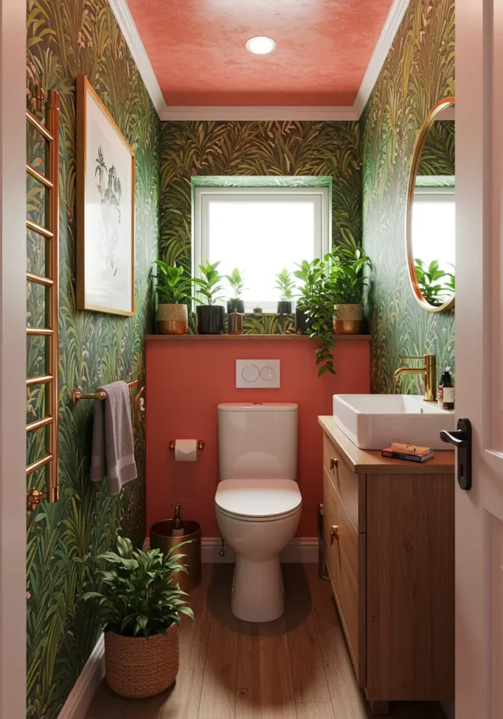 For plant lovers who believe more is more, this powder room becomes a lush urban jungle where every surface celebrates green life. Bold patterns and vibrant plants create an energizing, oxygen-rich environment.