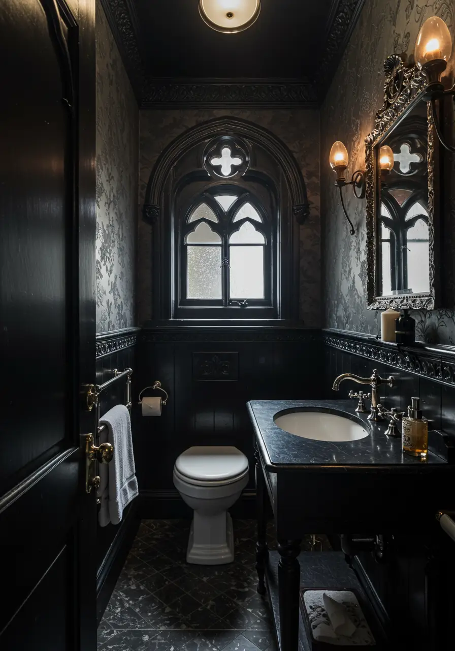 Embracing the mysterious allure of Gothic Revival architecture, this powder room creates an atmosphere of dark romance through rich burgundy tones, ornate metalwork, and dramatic architectural details that transport guests to a bygone era.