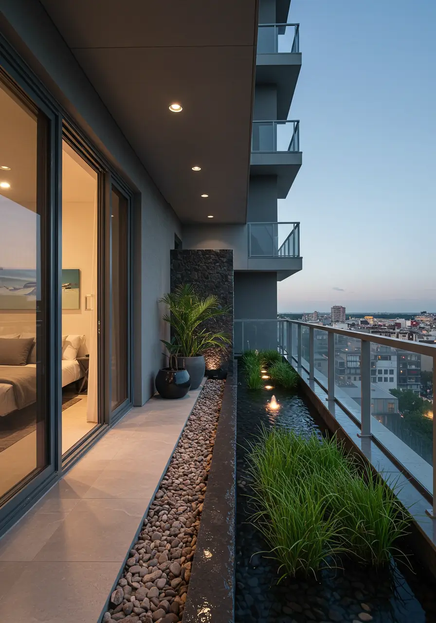 This concept centers around the calming presence of water while maintaining clean design principles. The sound and movement of water create a meditative environment that masks urban noise and promotes tranquility.