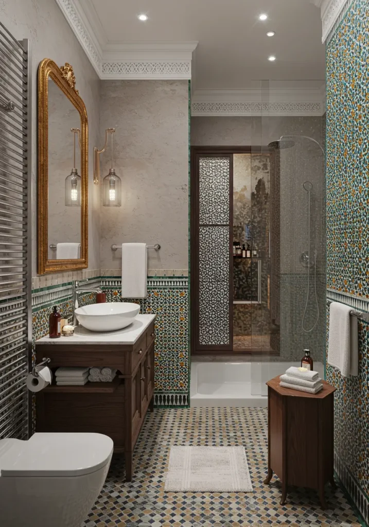 Drawing from the opulent riads of Marrakech, this design brings exotic luxury to small spaces through intricate tilework and rich jewel tones.