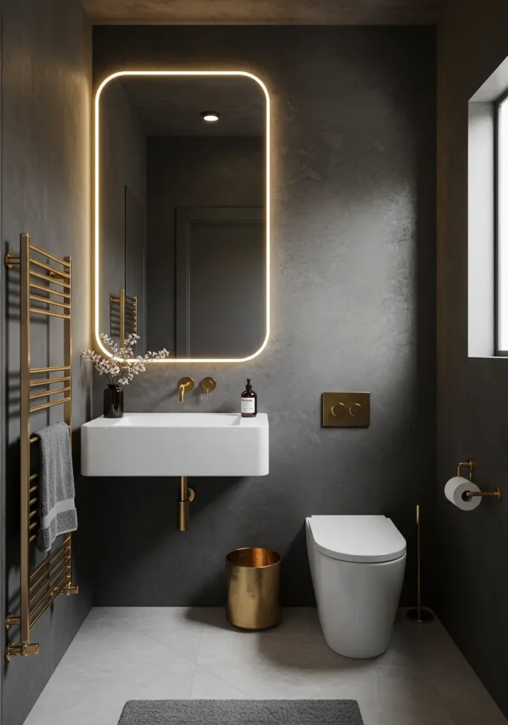 This design philosophy centers on the beauty of restraint, using charcoal as a sophisticated neutral backdrop while brass accents provide warmth and luxury. The result is a space that feels both modern and timeless, minimal yet rich.
