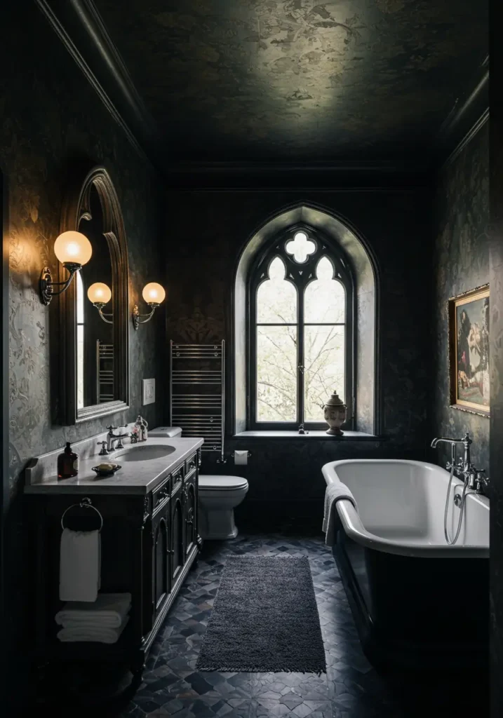 Embracing drama and historical grandeur, this design creates a bathroom fit for a modern-day castle. Perfect for homeowners who appreciate gothic architecture and aren't afraid of dark, moody spaces that make a powerful design statement.