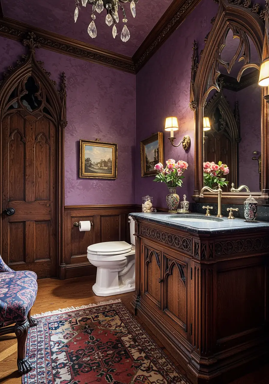 Drawing from the romantic Gothic Revival movement, this design incorporates pointed arches, rich colors, and medieval-inspired details that create an atmosphere of mystery and grandeur.