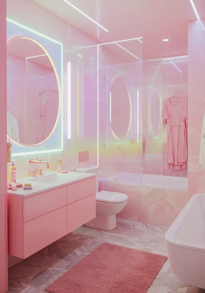 Looking toward the future, this design incorporates holographic and iridescent materials with smart technology to create a space-age feminine bathroom that feels both otherworldly and deeply luxurious.