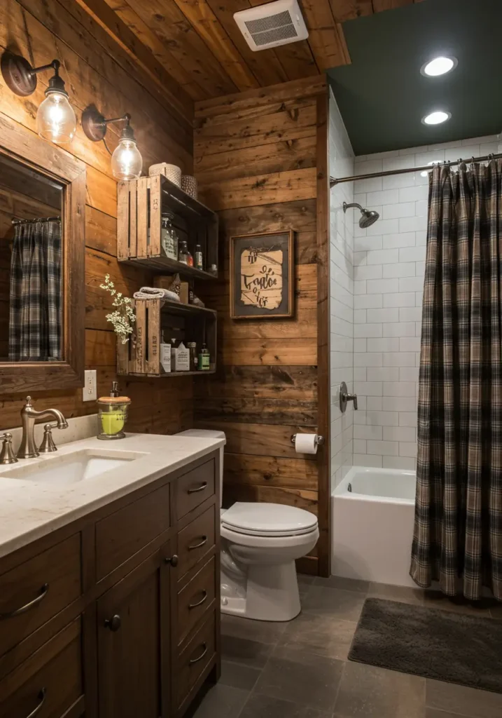 Bringing the cozy atmosphere of a mountain cabin into urban bathrooms, this design combines rustic charm with modern functionality using natural wood, stone textures, and warm plaids.