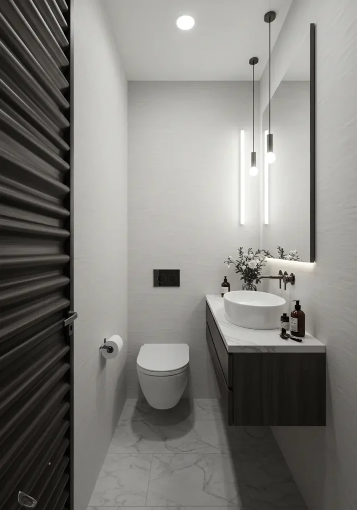 Treating the powder room as a three-dimensional sculpture, this design explores form, texture, and light through a sophisticated monochromatic palette. Every element contributes to a cohesive artistic statement.
