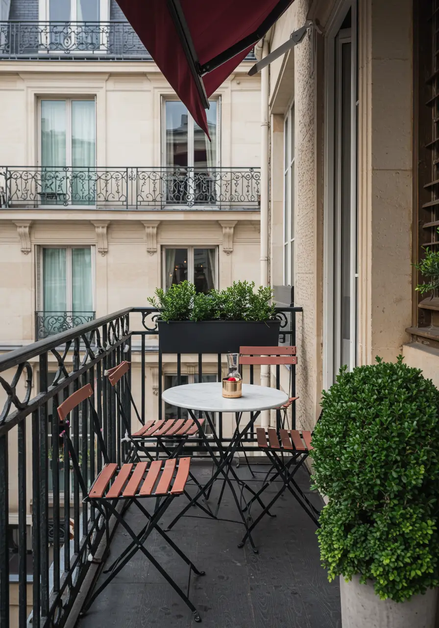 Capturing the romance and sophistication of Parisian sidewalk cafés, this design brings European café culture to residential balconies with classic bistro furniture and timeless French style.