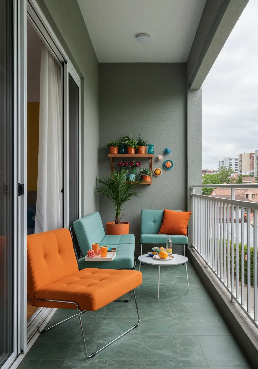 Celebrating the optimism and bold design of the 1960s, this balcony features iconic furniture pieces and vibrant color combinations.