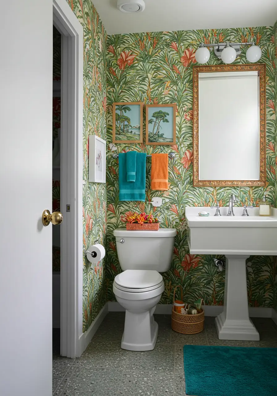 Channeling the glamorous resort lifestyle of 1960s Palm Springs, this powder room combines mid-century modern design with tropical exuberance, creating a vacation-like escape that celebrates both sophistication and playful optimism.