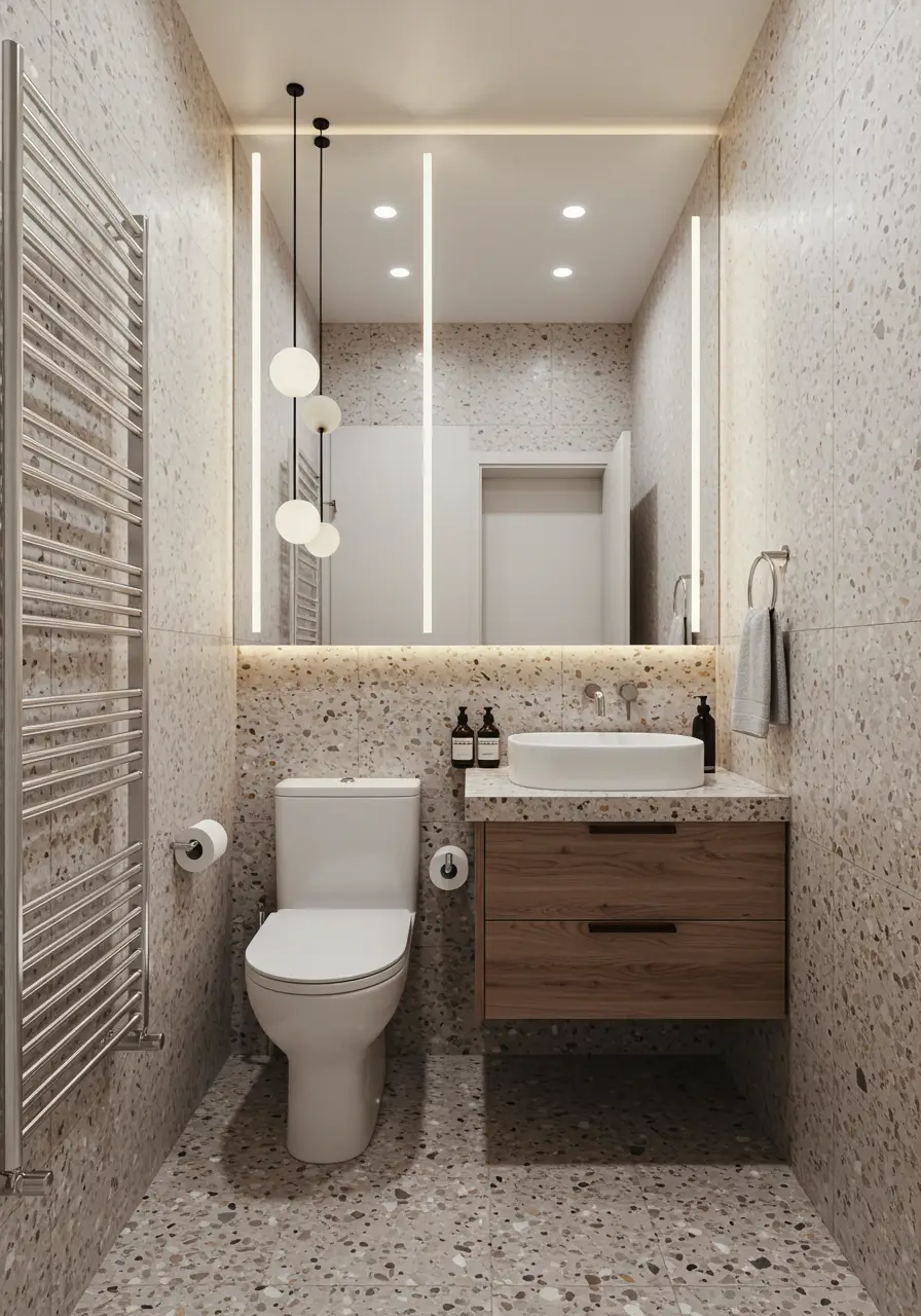 Reimagining traditional terrazzo with modern sustainable practices, this design uses recycled aggregates to create luxurious surfaces that sparkle with embedded glass, metal, and stone.