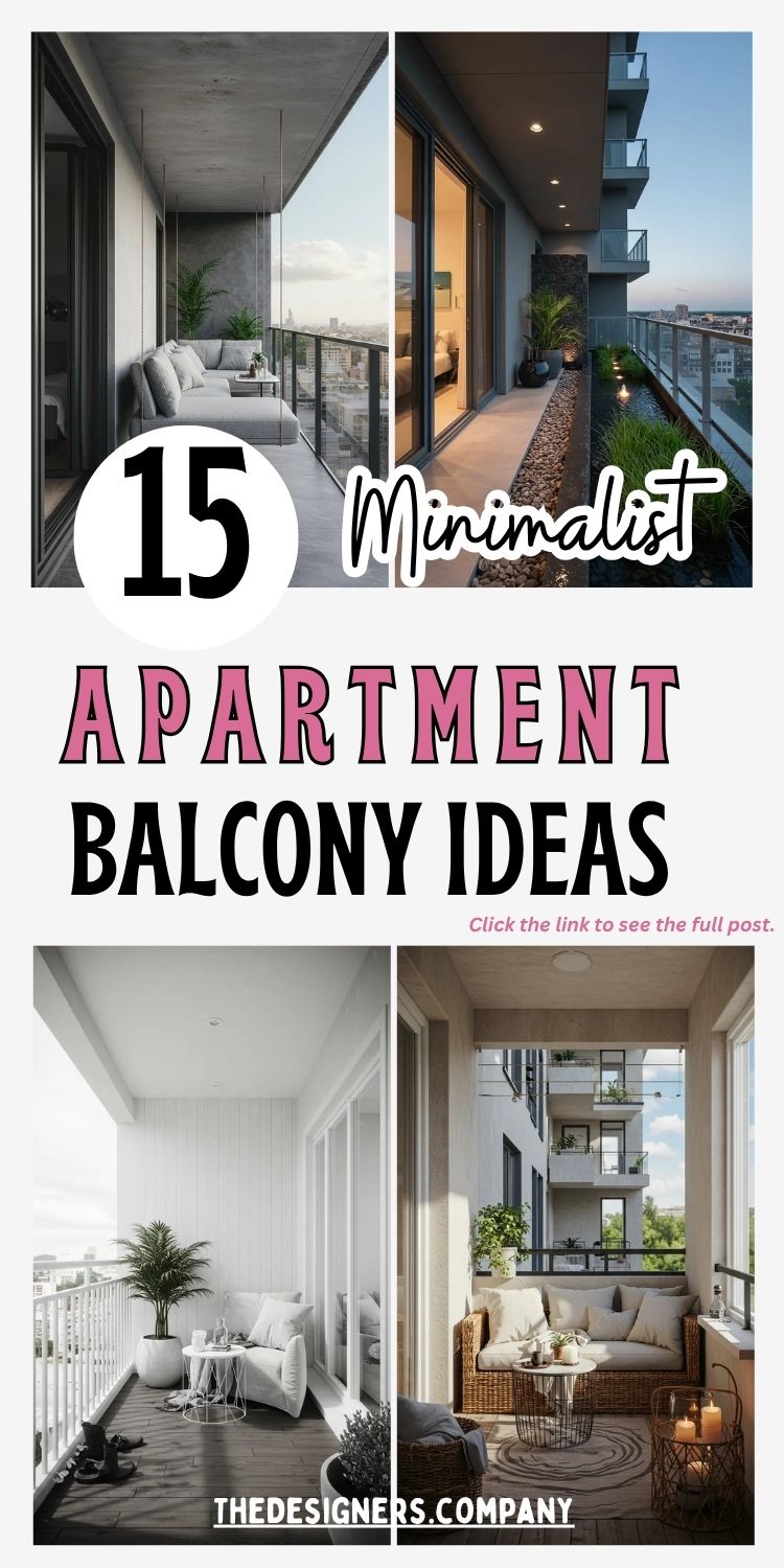 Image showcases four minimalist apartment balcony design ideas with "15 Minimalist Apartment Balcony Ideas" text overlay. Features modern high-rise balconies with clean lines, gray sectional seating, glass railings, strategic lighting, and urban city views. Designs emphasize neutral color palettes, contemporary furniture, and sophisticated outdoor living spaces perfect for apartment dwellers seeking stylish balcony inspiration.