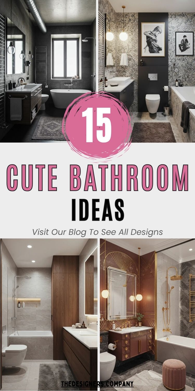 Pinterest image showcasing 15 cute bathroom ideas with text overlay in pink and black. The collage includes four bathroom designs: a dark industrial bathroom with a freestanding tub, a modern wallpapered bathroom with framed art, a sleek wood-accented bathroom, and a glamorous gold-and-maroon bathroom with art deco elements. Design themes range from minimalist and contemporary to luxurious and eclectic, ideal for stylish home upgrades.