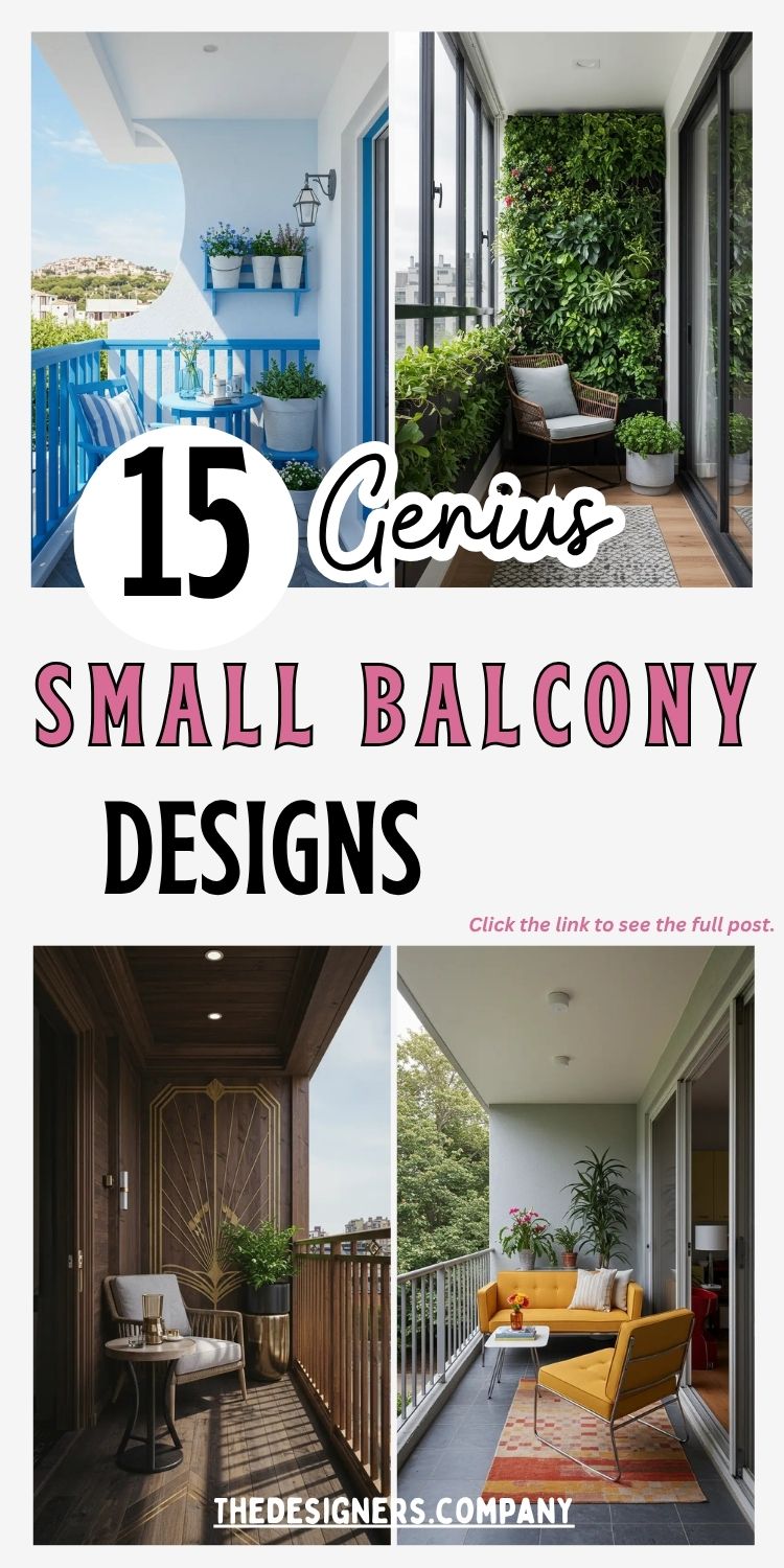showcasing "15 Genius Small Balcony Designs" with four inspiring balcony photos. Top left shows Mediterranean-style blue and white balcony with coastal charm. Top right features modern balcony with lush vertical garden wall and wicker seating. Bottom left displays elegant dark wood balcony with geometric patterns and sophisticated lighting. Bottom right shows contemporary balcony with yellow furniture and colorful geometric rug. Text overlay in pink gradient font emphasizes space-maximizing design solutions for small outdoor spaces.