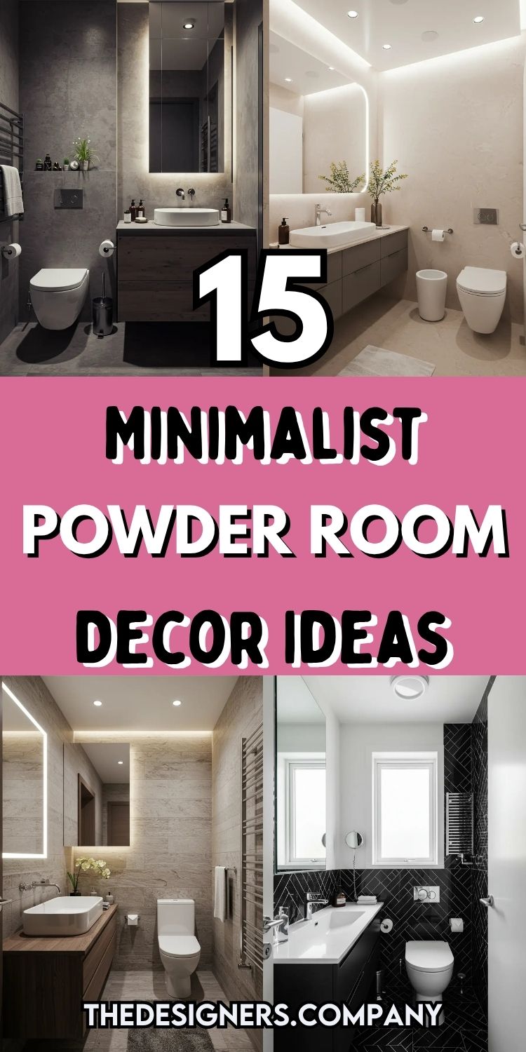 Collage showing 15 minimalist powder room decor ideas with bold pink banner text. Four bathroom images feature: dark gray walls with floating vanity and backlit mirror, bright white space with LED ceiling strips, warm beige tones with wood vanity and marble walls, and dramatic black herringbone tile with white fixtures. Modern, clean designs emphasize floating elements, geometric patterns, neutral color schemes, and sophisticated lighting. Perfect inspiration for small bathroom renovations.