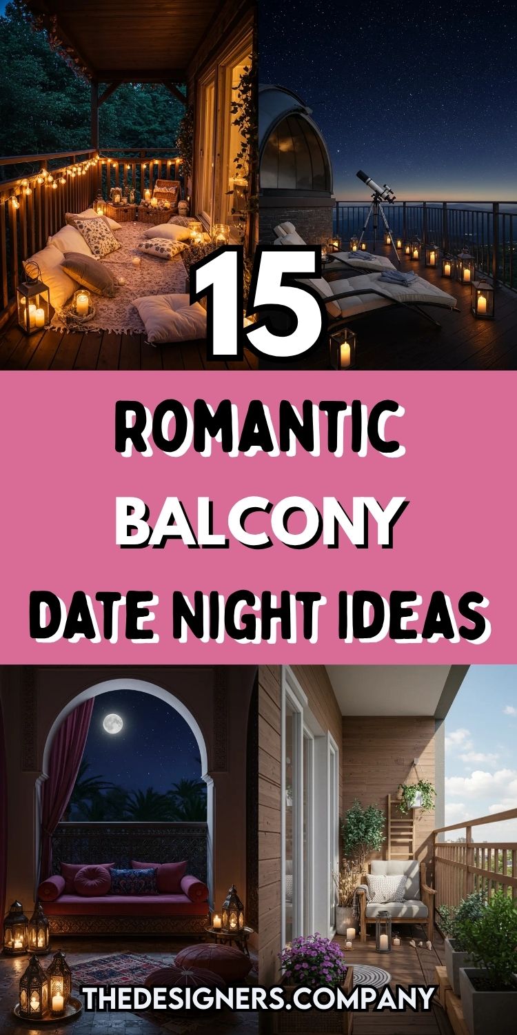 Collage showing 15 romantic balcony date night ideas with pink banner text overlay. Top image features cozy outdoor setup with mattress, pillows, string lights, candles, and telescope under starry night sky. Bottom left shows bohemian-style balcony nook with purple velvet seating, ornate arch, lanterns, and moonlit view. Bottom right displays modern wooden balcony with white chair, plants, and natural lighting. TheDesigners.Company branding at bottom. Romantic outdoor decor theme throughout.