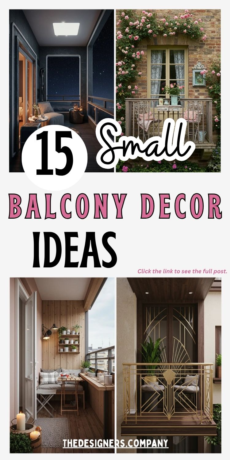 Image displays four beautifully designed small balcony spaces, showcasing styles from modern cozy nooks to romantic floral setups and sleek Art Deco metalwork. Bold text reads “15 Small Balcony Decor Ideas.” Each corner highlights a unique theme: night sky modern, rose-covered cottage charm, wood-accented urban seating, and luxurious gold-accent railings. The image promotes creative outdoor decor solutions for compact balconies, perfect for small-space living.