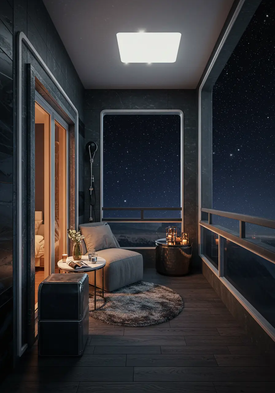 Designed for astronomy enthusiasts and future-forward thinkers, this balcony becomes a high-tech observatory perfect for stargazing and cosmic contemplation.