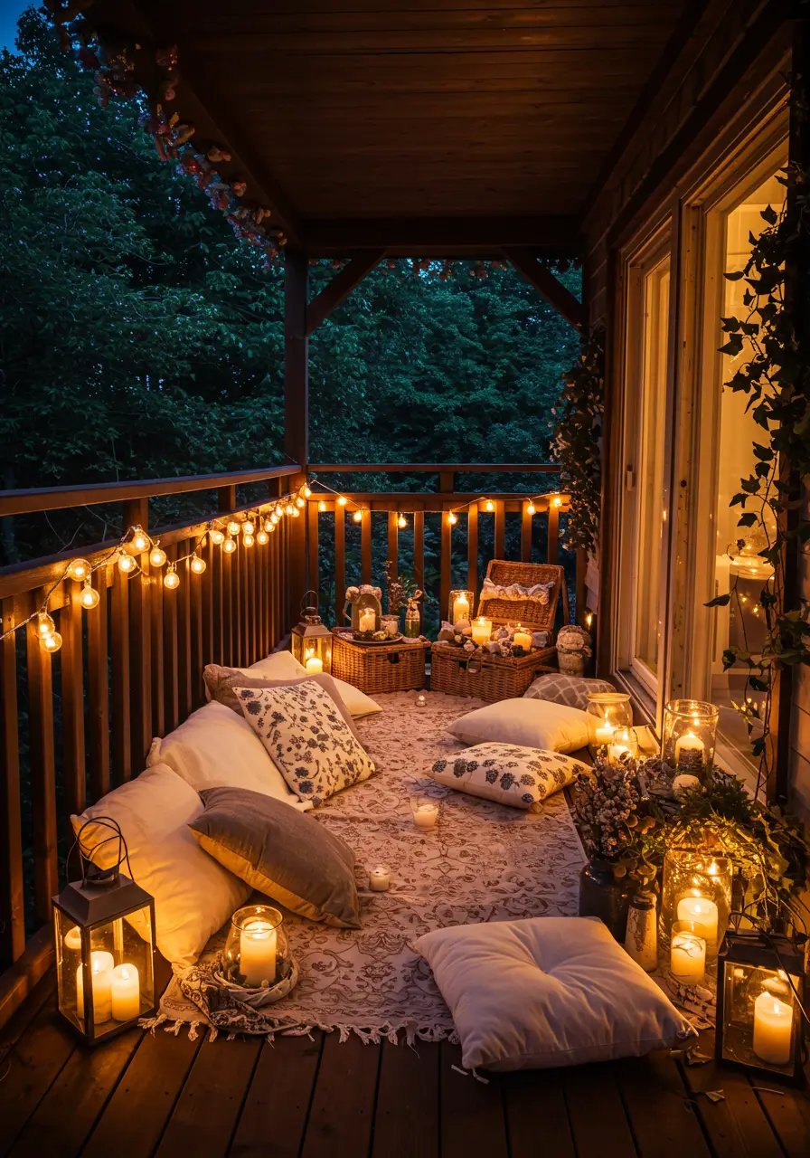 Creating a magical forest floor experience, this design transforms the balcony into a whimsical picnic setting under the stars.
