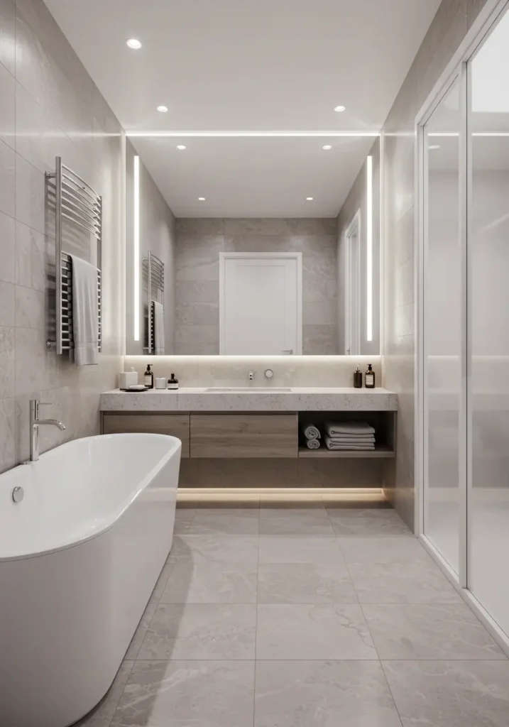 Pushing the boundaries of bathroom design with cutting-edge technology and materials, this concept creates a space that feels transported from the future. Perfect for tech-enthusiasts and early adopters who want their bathroom to showcase the latest innovations in luxury and functionality.