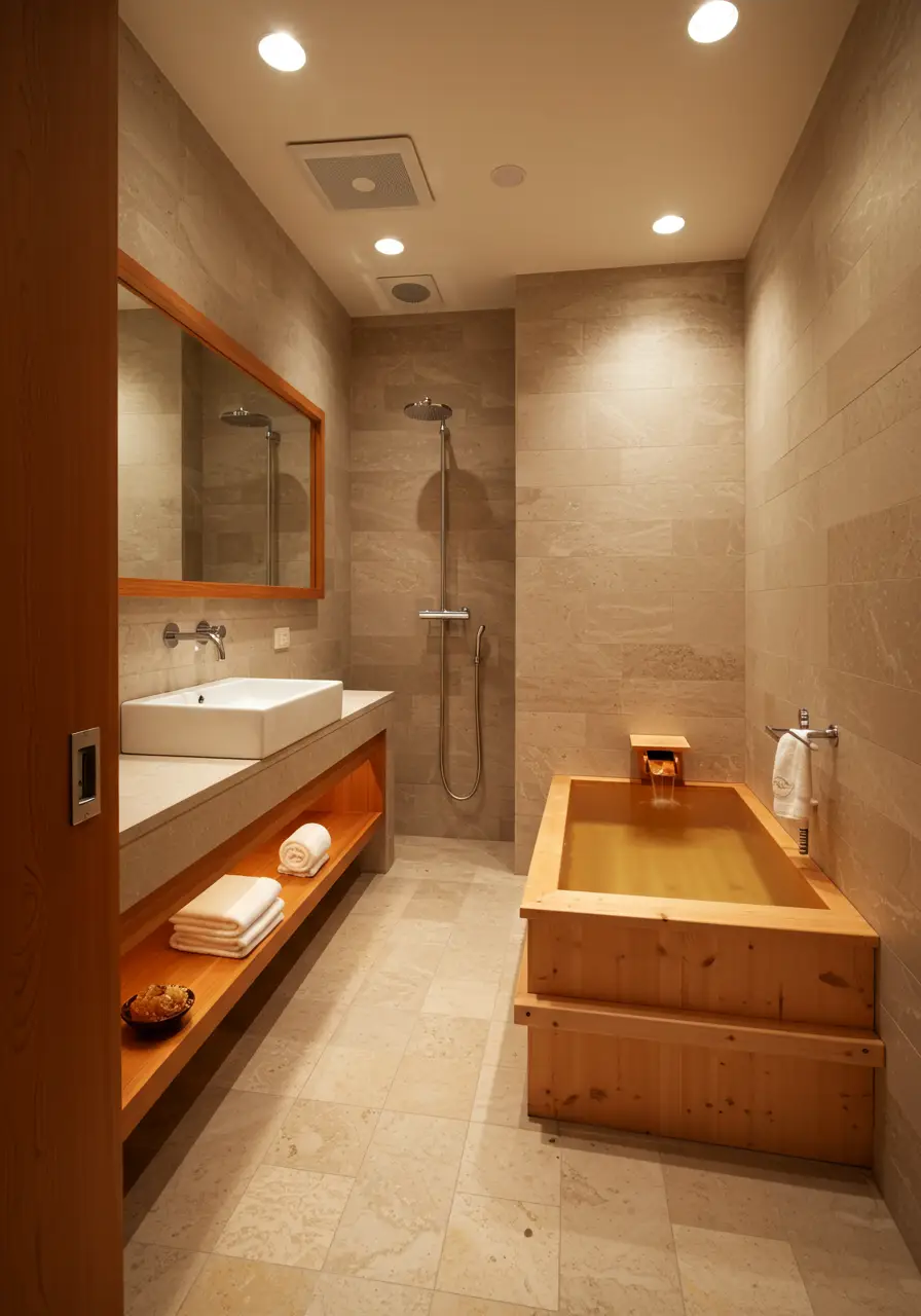Recreating the ritual of Japanese bathing culture in minimal space, this design prioritizes the meditative aspects of daily cleansing. Perfect for wellness enthusiasts who want to create a daily spa ritual.