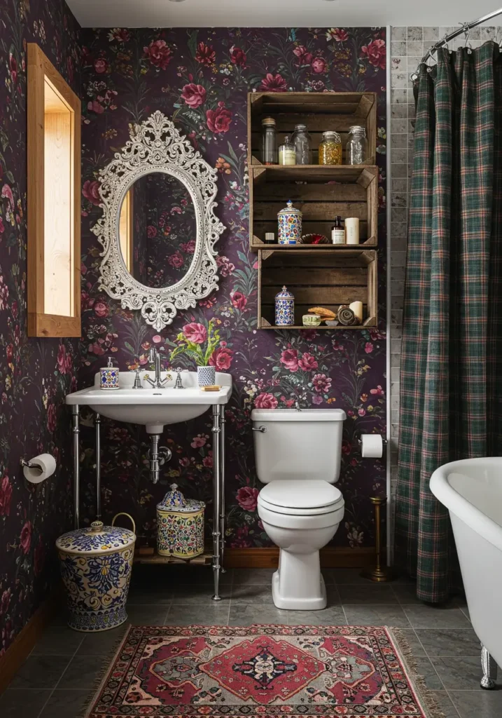 Embracing the "more is more" philosophy, this design creates a rich, layered environment using bold patterns, saturated colors, and eclectic accessories that make the bathroom feel like a precious jewel box.