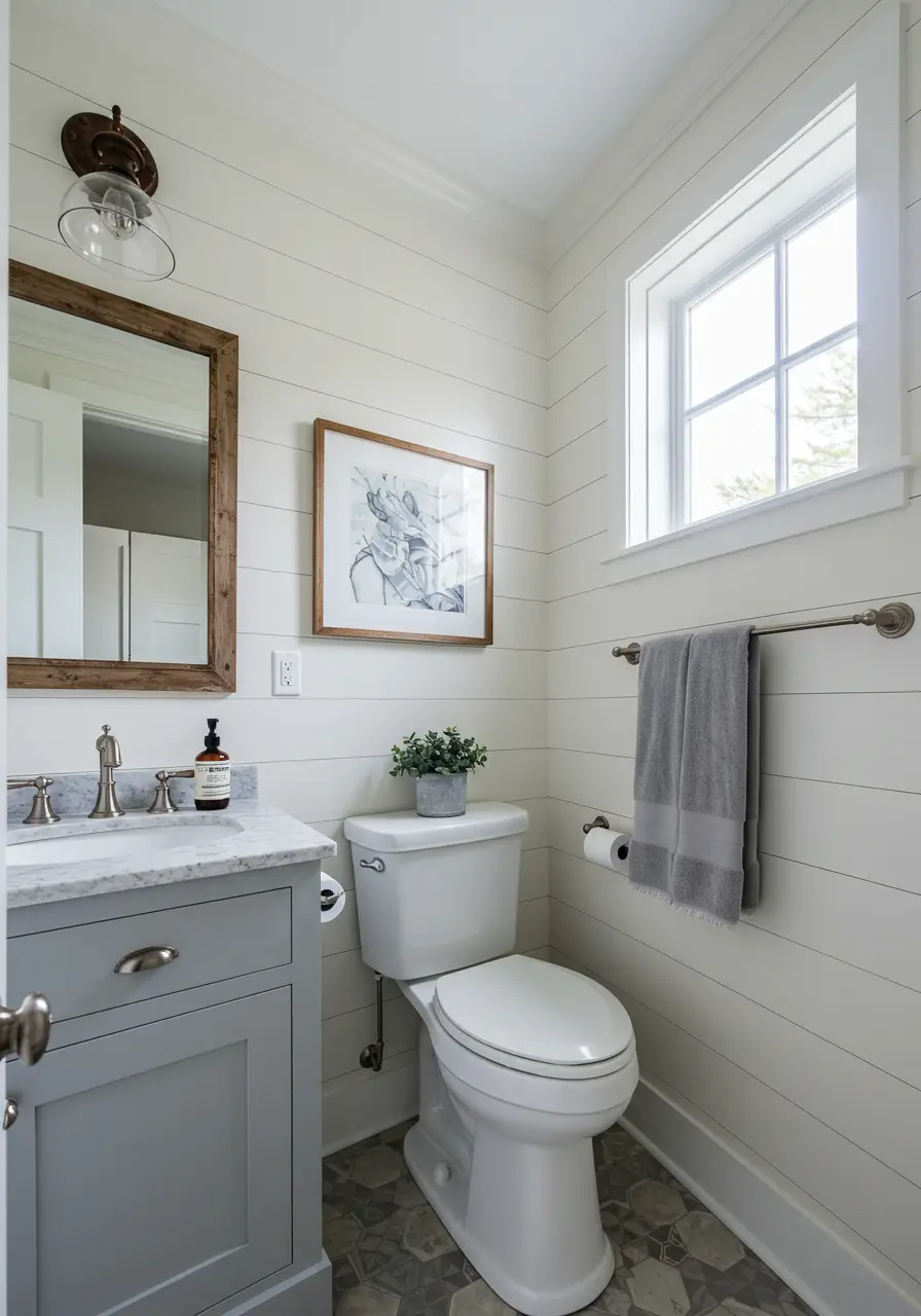 Balancing the comfort of rural farmhouse living with contemporary sophistication, this powder room features classic barn-inspired elements elevated through quality materials and modern conveniences, creating timeless appeal for today's lifestyle.
