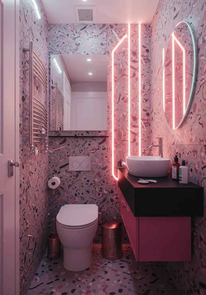 Celebrating 1980s arcade culture and neon aesthetics, this playful powder room brings nostalgic fun to everyday routines. Bold colors and geometric patterns create an energizing space that doesn't take itself too seriously.