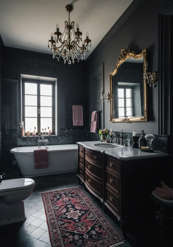This design reinterprets Gothic architecture through a feminine lens, using soft curves, romantic elements, and muted dark tones to create an mysteriously beautiful space that feels both dramatic and nurturing.