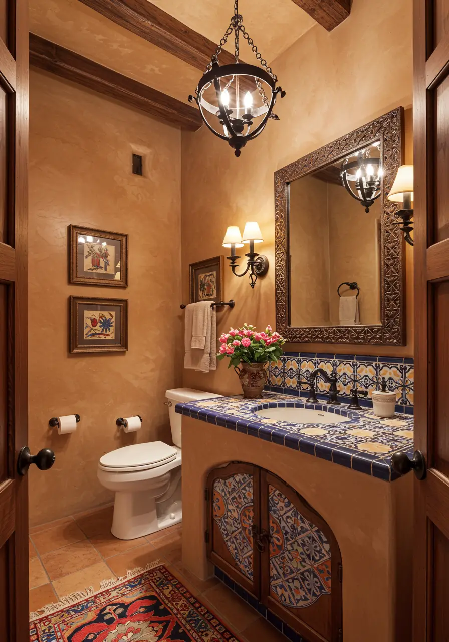 Celebrating the warm elegance of Spanish colonial architecture, this design incorporates terra cotta, wrought iron, and vibrant tiles that evoke the romance of old California missions.