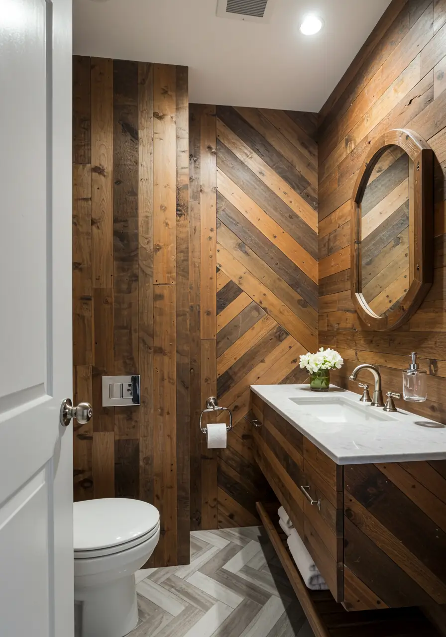 This design treats salvaged wood pieces like an artist's palette, creating a three-dimensional patchwork that celebrates the history and character of reclaimed materials from various sources.