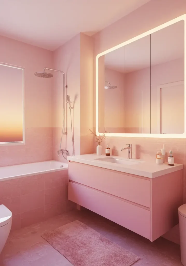 Capturing the magic of golden hour sunsets, this design uses gradient color techniques and warm metallic accents to create a bathroom that feels like being wrapped in a perpetual sunset glow.