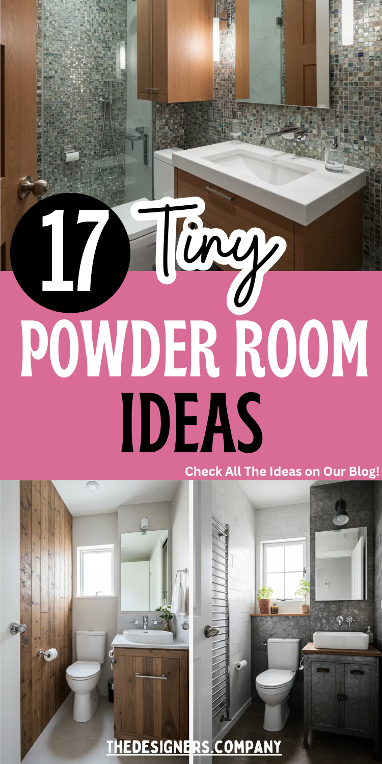 Image showcases "17 Tiny Powder Room Ideas" with pink and black text overlay on three modern bathroom photos. Top photo features mosaic tile walls with floating vanity and mirror. Bottom left shows rustic wood paneling with white fixtures. Bottom right displays dark tile with vessel sink and wooden accents. All rooms demonstrate space-efficient design solutions for small powder rooms with contemporary styling and clean lines.