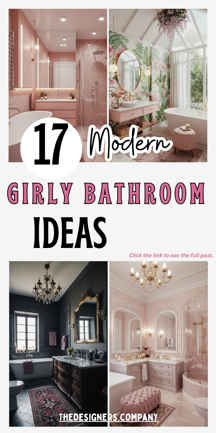 showcasing "17 Modern Girly Bathroom Ideas" with four stunning bathroom images. Top left features pink terrazzo walls with modern fixtures, top right shows tropical wallpaper with brass accents and freestanding tub, bottom left displays dramatic black walls with ornate gold mirror and chandelier, bottom right presents soft pink marble bathroom with crystal chandelier and tufted ottoman. Bold pink and black typography emphasizes girly bathroom theme with sophisticated feminine design elements throughout.RetryClaude can make mistakes. Please double-check responses.
