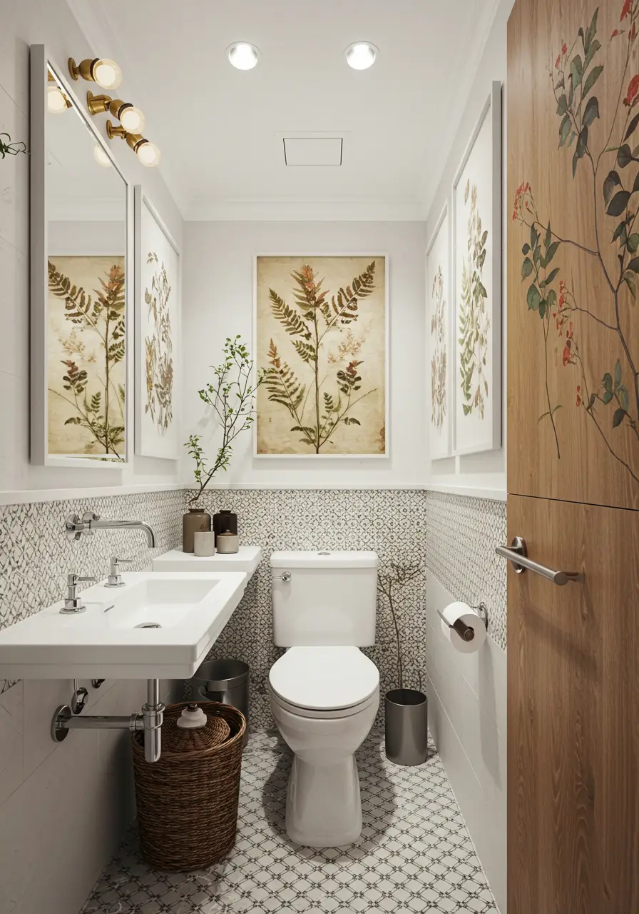 This final concept transforms the powder room into a gallery space showcasing natural dye processes, with walls featuring fabric art created using sustainable botanical dyeing techniques from locally foraged plants.